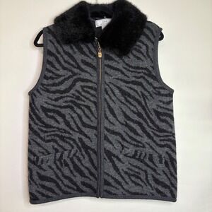 Lisa International Zebra Print Vest Faux Fur Collar Wool Blend Gray M